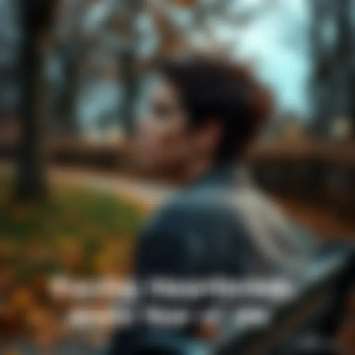 A person sitting alone on a bench, staring into the distance with a contemplative expression, surrounded by autumn leaves, capturing a moment of heartbreak and resilience.
