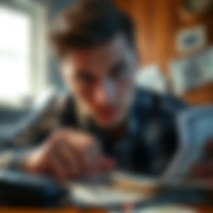 Person overcoming debt Individual reviewing finances with a determined look, surrounded by bills and a calculator