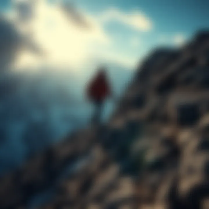 A determined person climbing a steep mountain, symbolizing the journey towards achieving 10x success through hard work and dedication.