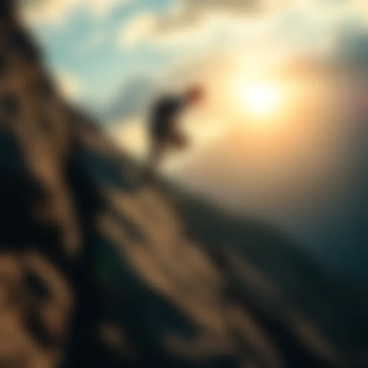 A determined person climbing a steep hill, symbolizing overcoming challenges with strength and effort.