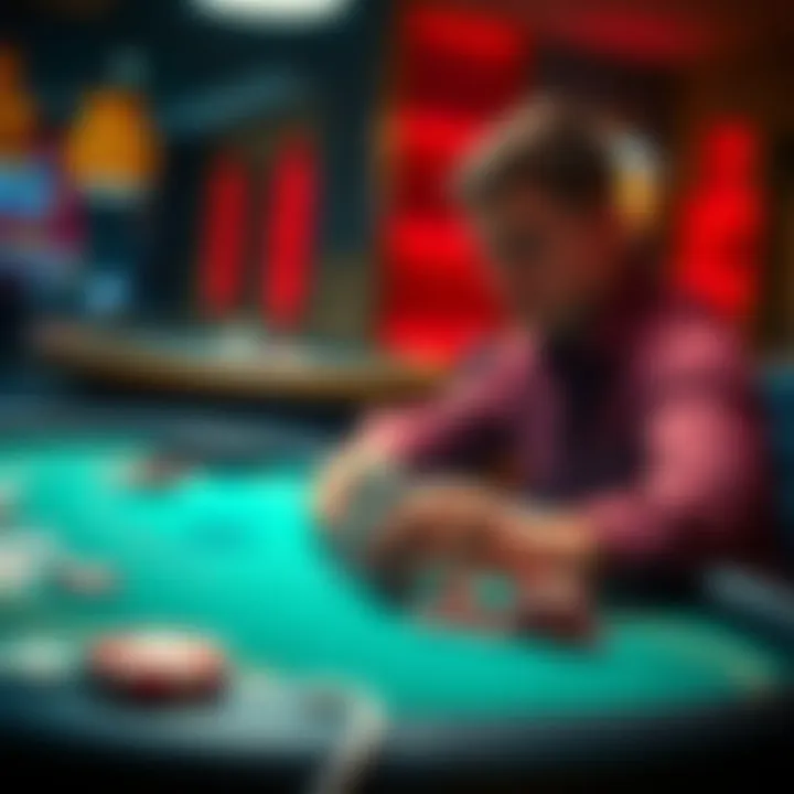 A person sitting at a blackjack table with cards and chips, focused on the game