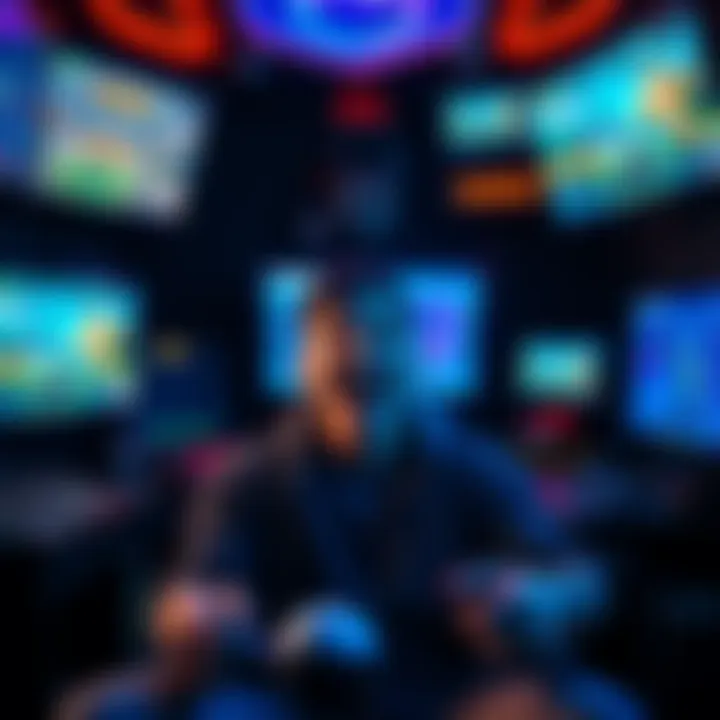 Person playing multiple games A person surrounded by various gaming consoles and screens, looking excited while playing different games at once.