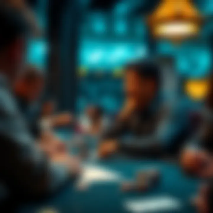 A focused individual playing poker with cards and chips on a table, looking deep in thought while others around them engage in the game