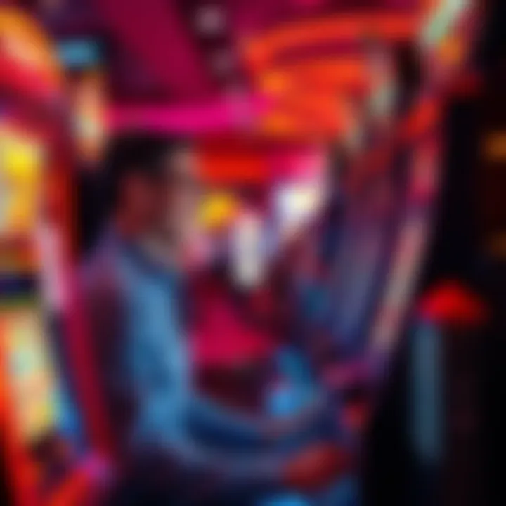 Individual engaged in playing a slot machine in a casino setting, showing excitement and focus