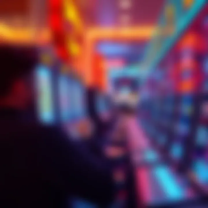A person sitting at a colorful slot machine, focused on the game with coins ready to bet.