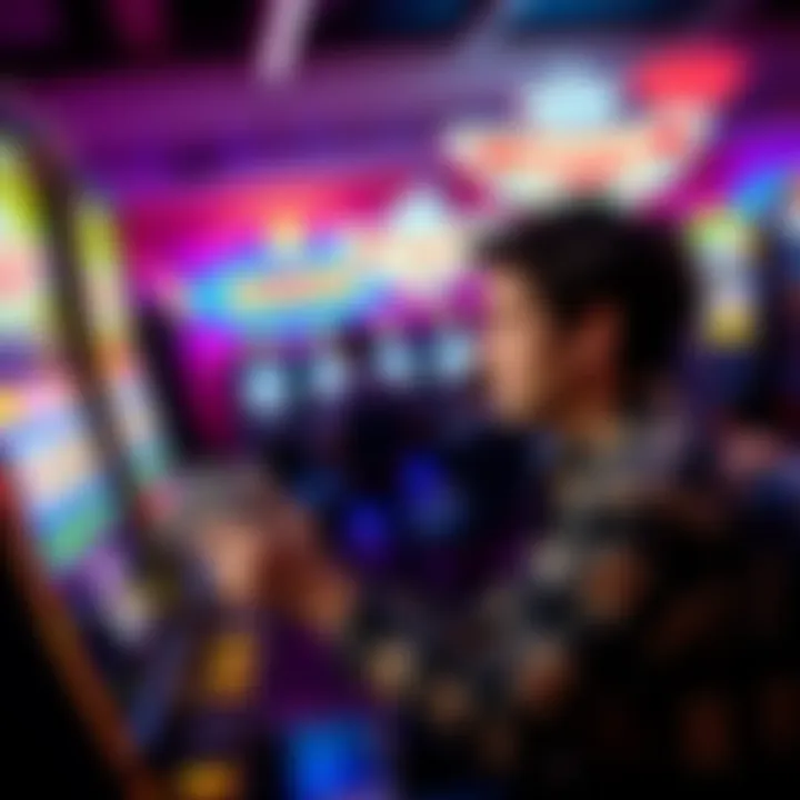 A person sitting at a slot machine in a casino, looking frustrated over their losses, with colorful lights and symbols on the machine, money in hand.