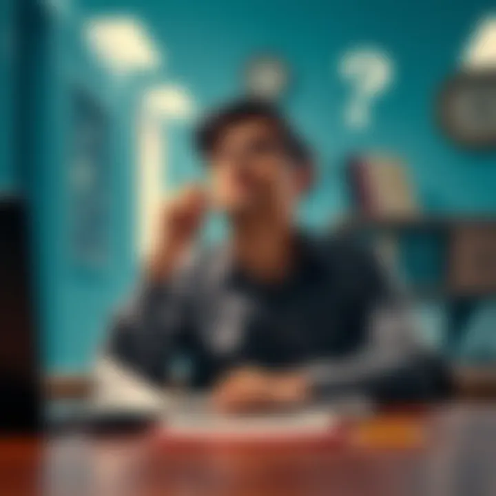 A thoughtful person sitting at a desk with a notebook, looking up with a questioning expression, symbolizing curiosity about life's questions.