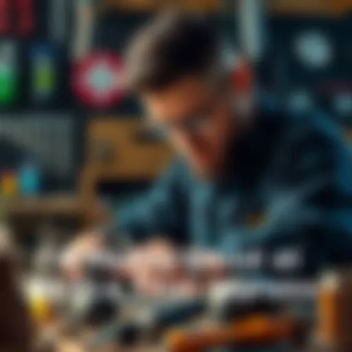 A person focused on mastering a skill, surrounded by tools related to their craft, showing dedication and concentration.