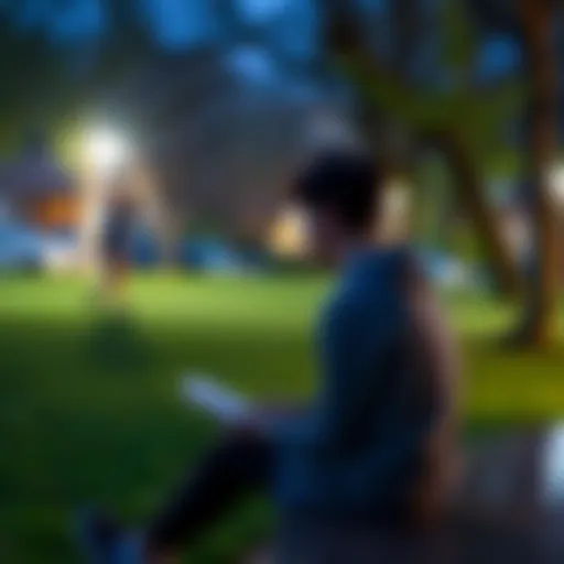 A person sitting quietly in a park, deep in thought with a notebook in hand, contemplating decisions.