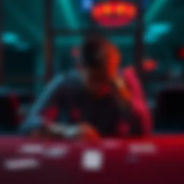 Individual sitting alone at a table, looking thoughtful and distressed, with a few gambling cards scattered around.