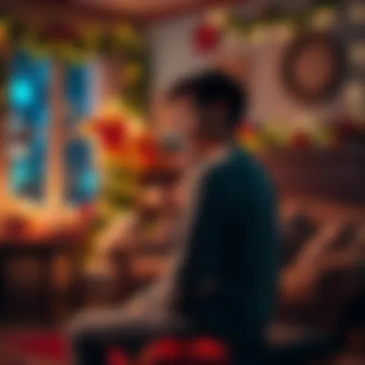 A person sitting alone in a cozy room, looking thoughtful with holiday decorations in the background, symbolizing the struggle with gambling addiction during the festive season.