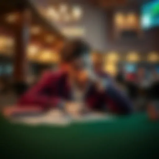 A person sits at a table with betting slips and a thoughtful expression, symbolizing reflection on betting choices and habits.