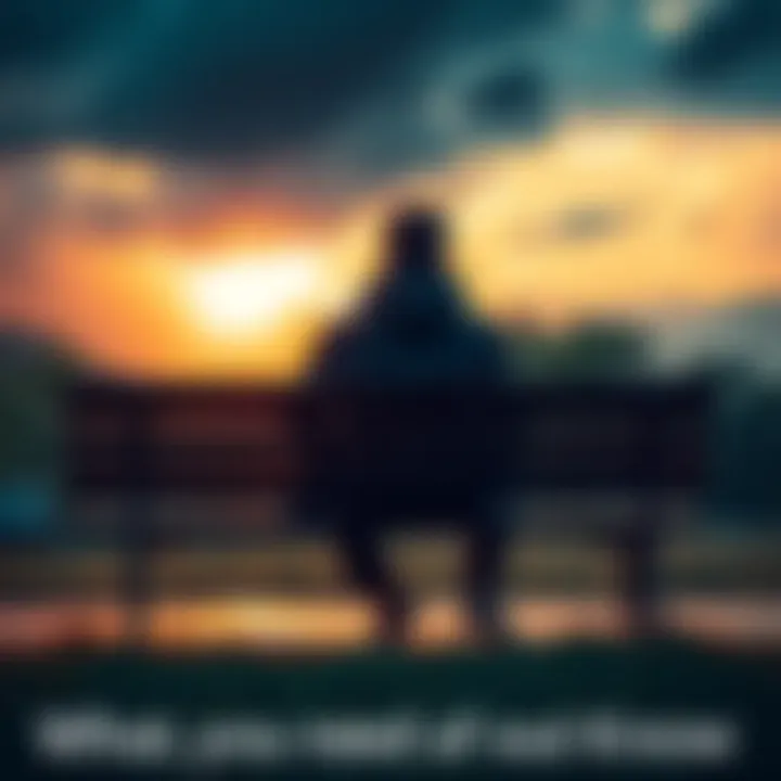 A person sitting on a park bench, looking thoughtful while facing a challenging scenario represented by a stormy sky above them.