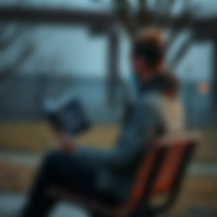 A person sitting on a bench looking contemplative while holding a book about freedom and choice.