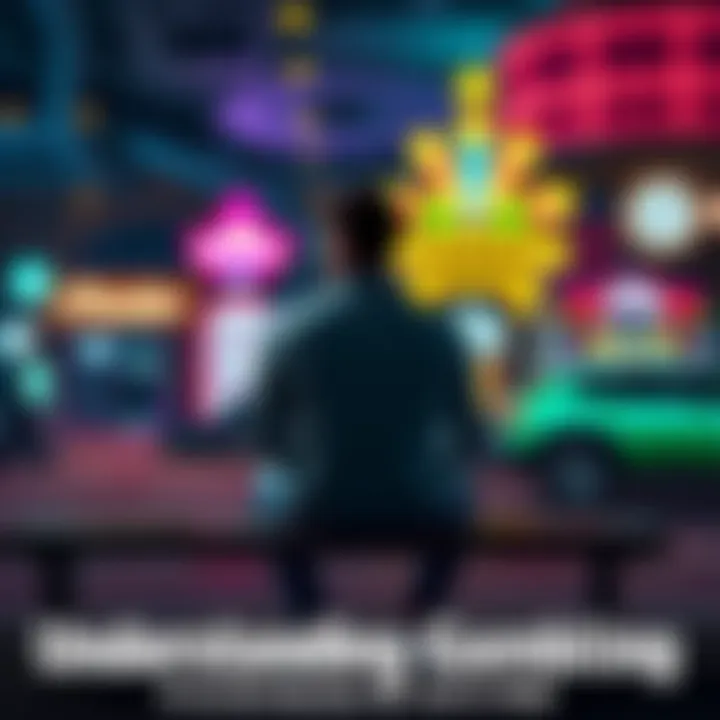 Individual sitting on a bench, looking contemplative with a blurred casino in the background, symbolizing the struggle with gambling addiction and personal growth.