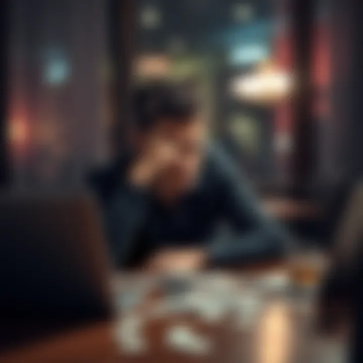 A person sitting alone at a table with bills and a laptop, looking worried about their financial situation due to gambling, with a glass of alcohol nearby.