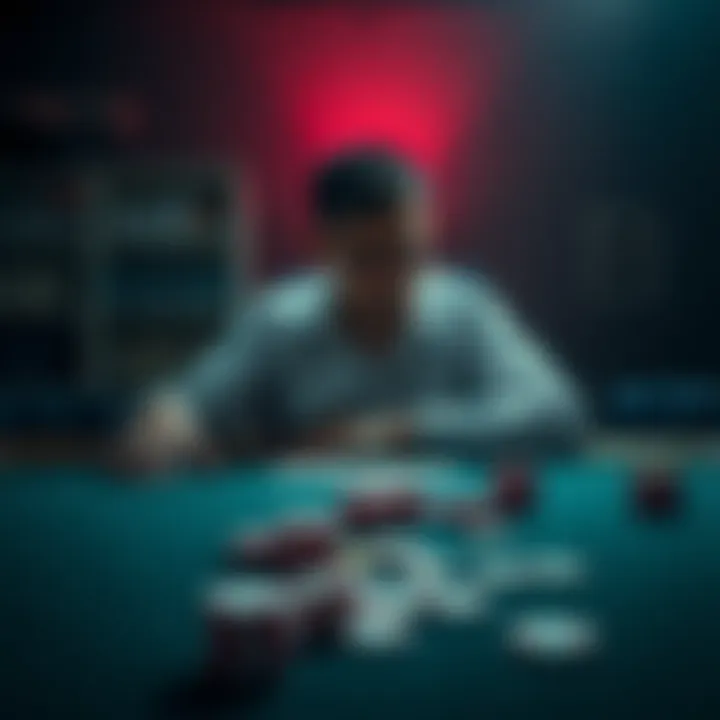 Person reflecting on gambling A person sitting alone at a table with a sad expression, looking at empty poker chips and cards, symbolizing gambling addiction and loss.