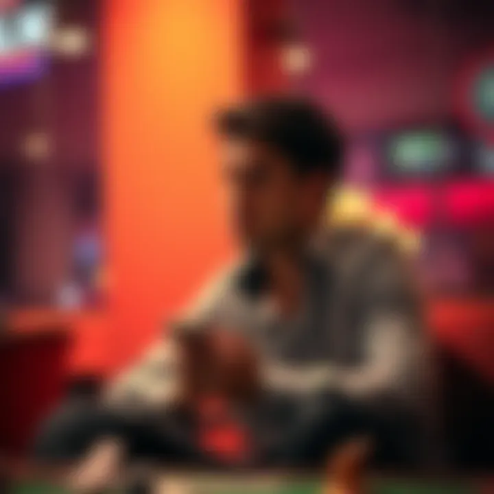 Individual sitting alone with a worried expression, contemplating their gambling habits after a loss, with a smartphone displaying a gambling app in hand.