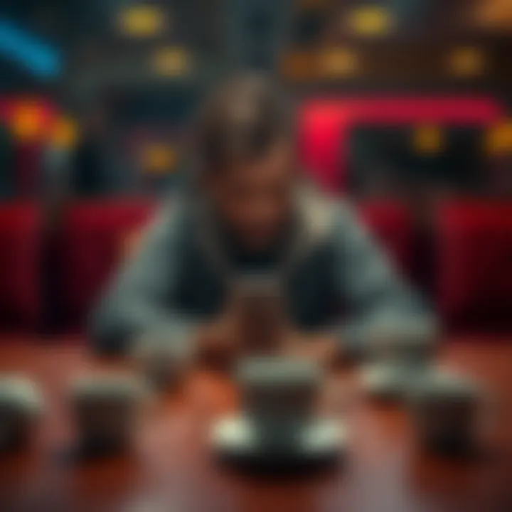 A person sitting alone at a table, looking stressed as they stare at a phone displaying a gambling app, surrounded by empty coffee cups.