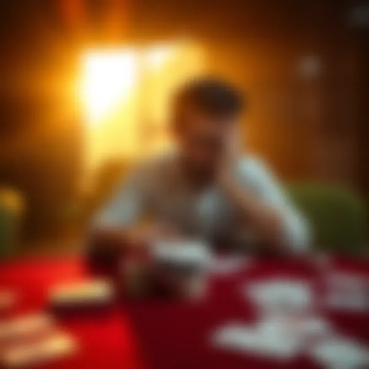 Person Reflecting on Gambling Challenges A person sits alone at a table, looking stressed with a deck of cards and empty betting slips around them, indicating struggles with gambling addiction.