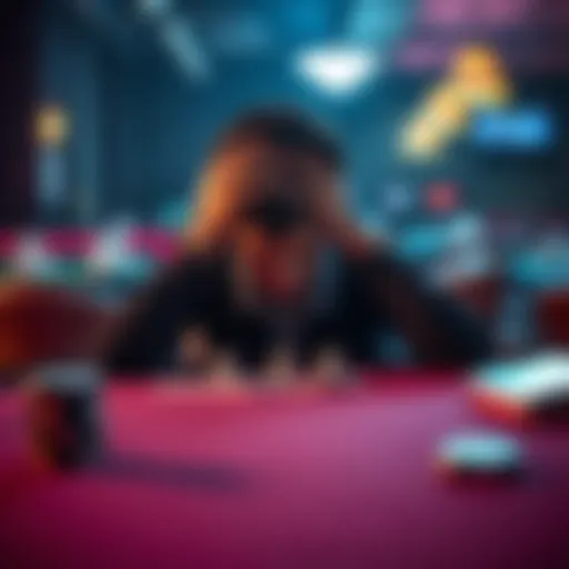 A person sitting at a table with their head in their hands, illustrating the emotional struggle of gambling addiction and financial hardship.