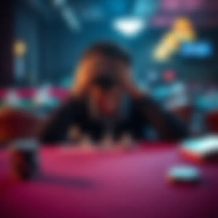 A person sitting at a table with their head in their hands, illustrating the emotional struggle of gambling addiction and financial hardship.