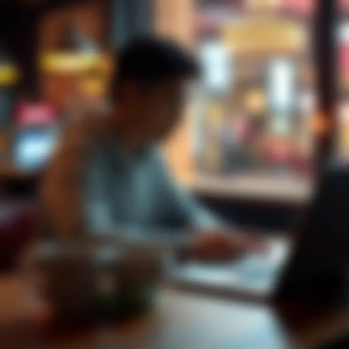 A person sits at a table with a laptop and empty coffee cups, looking pensive about online gambling decisions