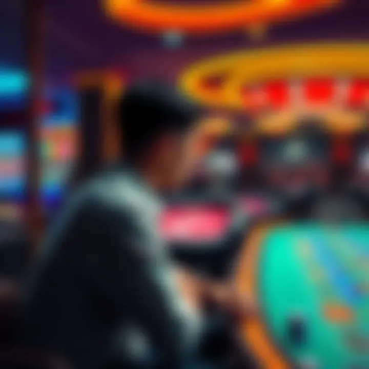 A person sitting alone, looking thoughtful, with a gambling scene in the background showing a casino and game tables.