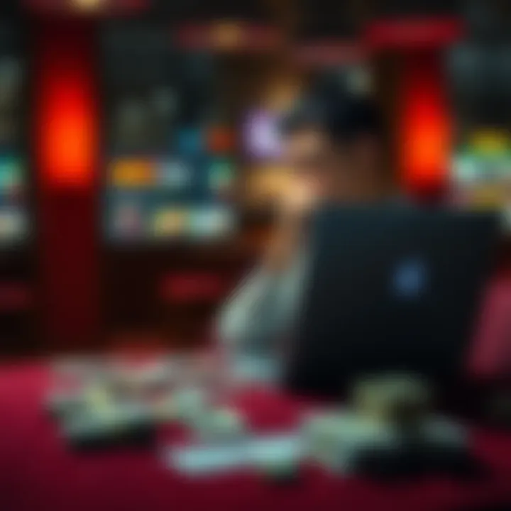 Person Reflecting on Gambling Issues A person sits at a table looking worried, with a laptop open showing gambling sites and a stack of bills beside them.