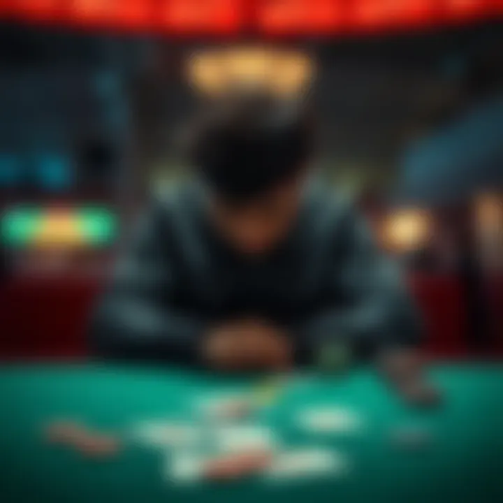 Person reflecting on gambling loss A person sitting alone at a table with their head in their hands, looking distressed after gambling losses. A deck of cards and chips are scattered nearby, symbolizing the struggle with guilt and regr...
