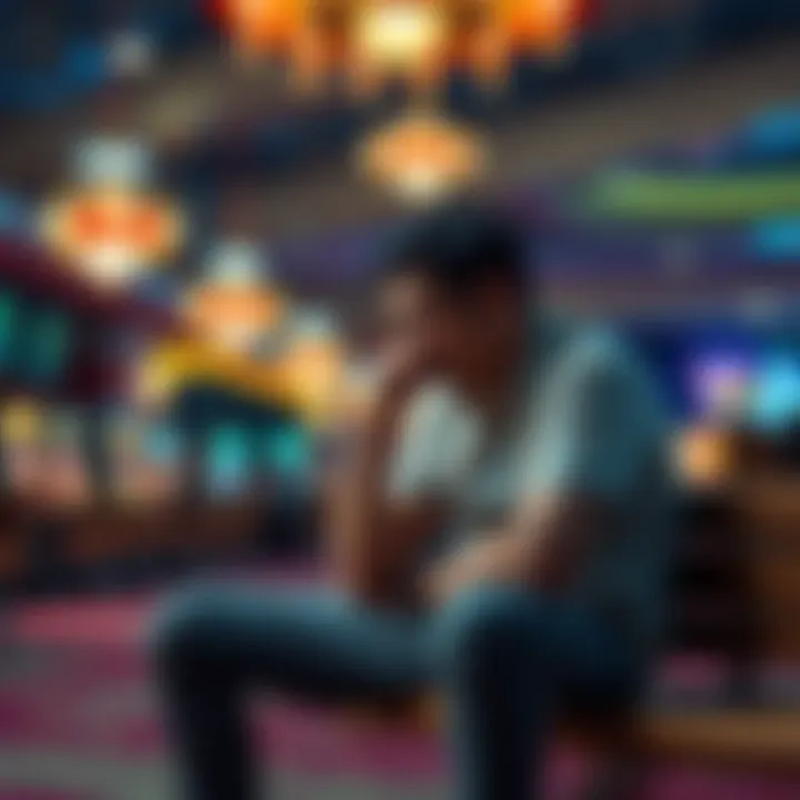A person sits on a bench with a thoughtful expression, holding their head in their hands, surrounded by casino lights and chips, illustrating the emotional weight of losing money in gambling.