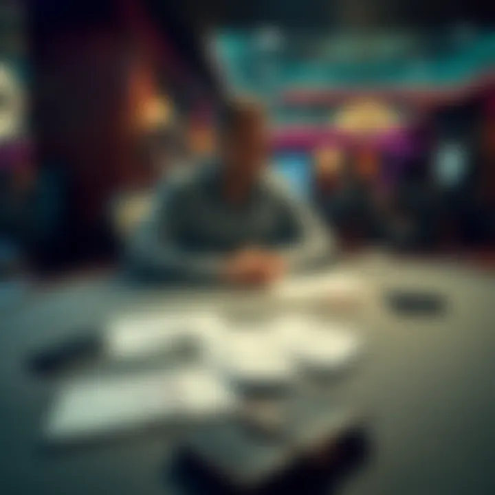 Person Reflecting on Gambling Losses A person sitting alone at a table, looking distressed and reflecting on their gambling losses. Empty betting slips and a closed wallet are nearby, signifying the burden of addiction.