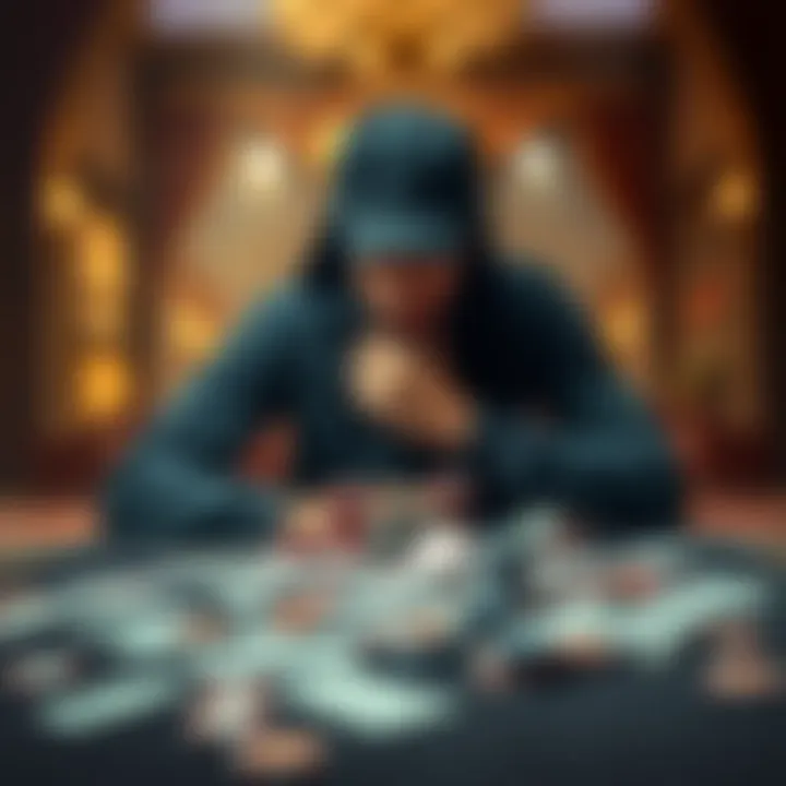 A person sitting alone at a table with scattered playing cards and chips, looking contemplative and distressed, representing the struggle of gambling addiction.