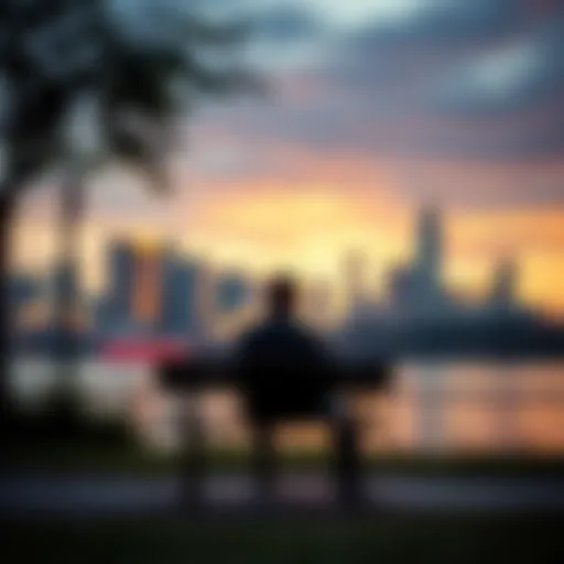 A person sitting alone on a park bench, looking thoughtful and reflective, with a backdrop of a cityscape, symbolizing loneliness and recovery after quitting gambling.