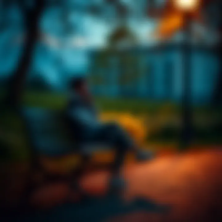 Person Reflecting on Life A person sitting on a park bench, lost in thought, looking at the ground with a hopeful expression, surrounded by nature.