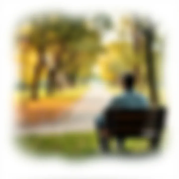 Person Reflecting on Life's Journey A thoughtful individual sitting on a park bench, looking at a path symbolizing life's journey, surrounded by trees and nature.