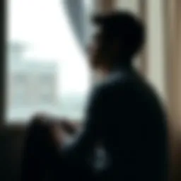 Person Reflecting on Loss Individual sitting alone in a contemplative pose, looking out a window, symbolizing the impact of loss and reflection on life choices.