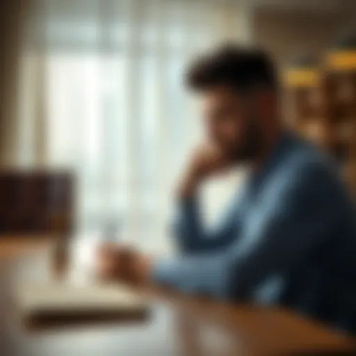 A person sitting at a table with a notebook, thinking deeply about their past decisions and lessons learned, symbolizing personal growth and self-reflection.