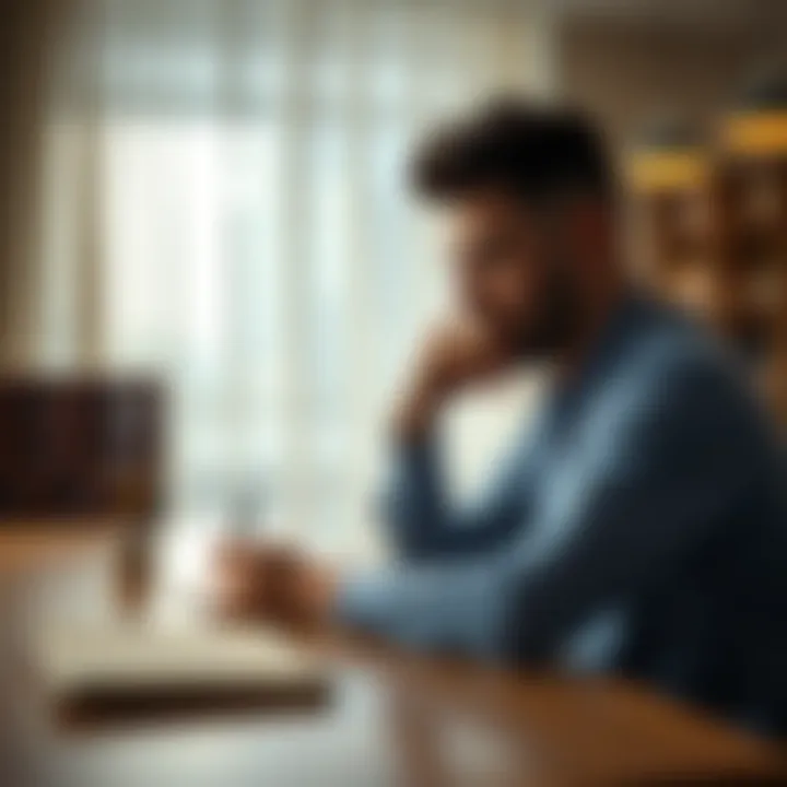A person sitting at a table with a notebook, thinking deeply about their past decisions and lessons learned, symbolizing personal growth and self-reflection.