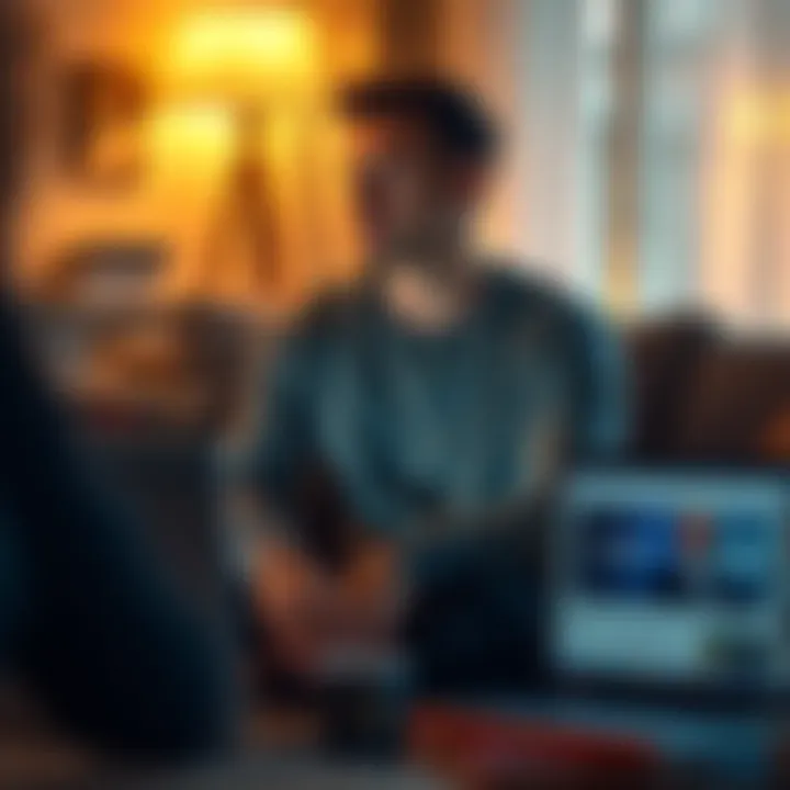 Person Reflecting on Progress Individual sitting in a cozy room, looking thoughtful while surrounded by motivational books and a laptop showing a support forum.