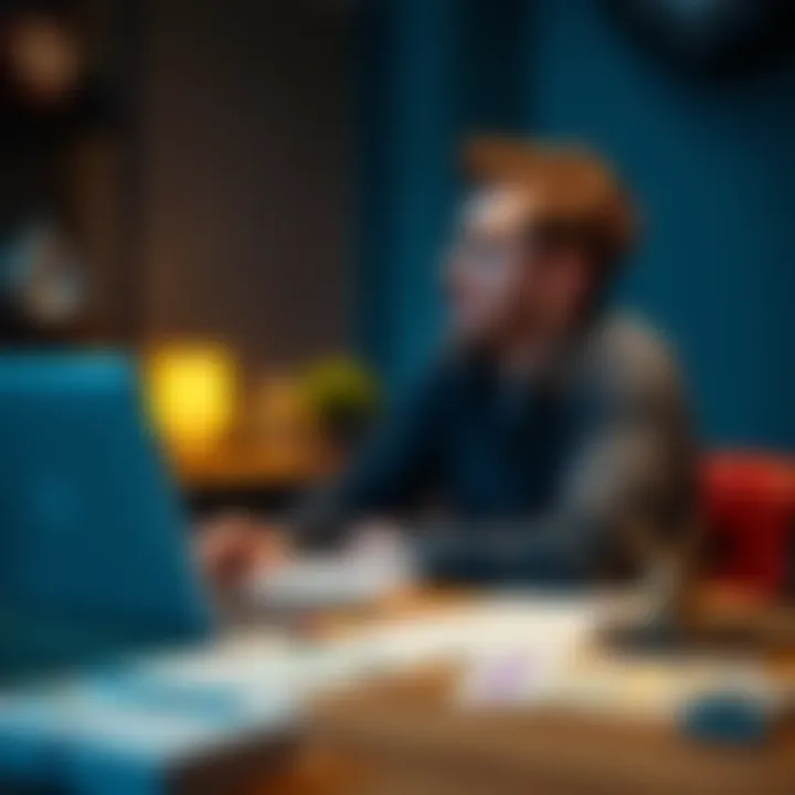 Individual sitting at a desk, looking contemplative as they work on their recovery from gambling addiction, with a laptop and documents around them, symbolizing the journey of self-exclusion from onli...