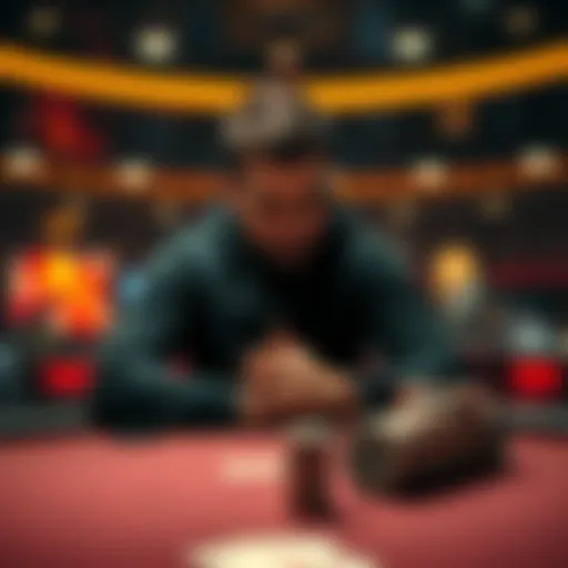 A focused player sitting at a poker table, deep in thought while managing emotions during a tough game.