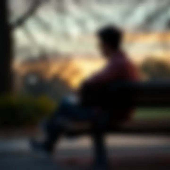 A person sitting alone on a park bench, looking contemplative as they process their weekend challenges and free time thoughts.