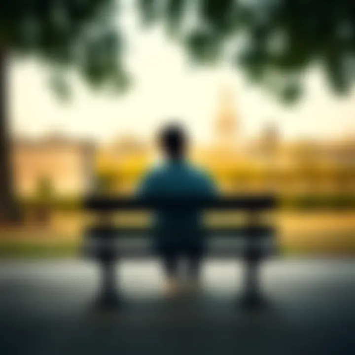 Individual sitting alone on a park bench, looking contemplative, symbolizing struggle with addiction and hope for recovery