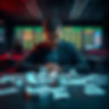 A person sitting at a table, looking frustrated and disappointed, with betting slips scattered around them