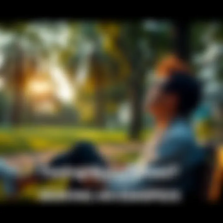 Person relaxing in a peaceful setting A person sitting in a serene park, surrounded by nature, taking a break from daily stress.