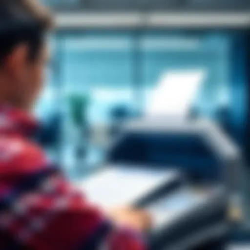 A person scanning a document using a flatbed scanner in an office setting