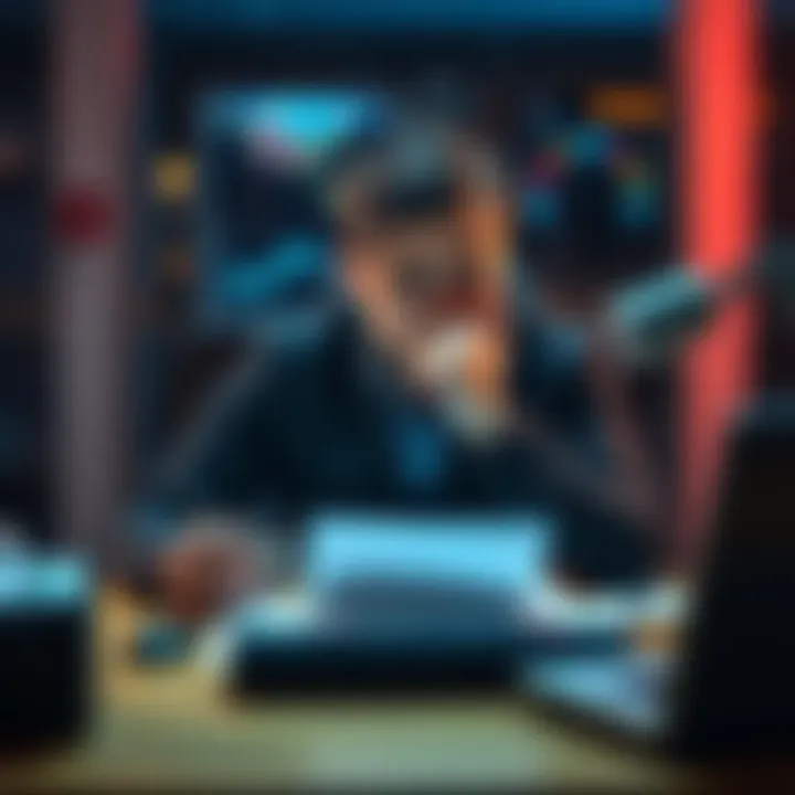 A person sitting at a desk, visibly stressed, takes a deep breath and sighs, showing a moment of emotional relief.