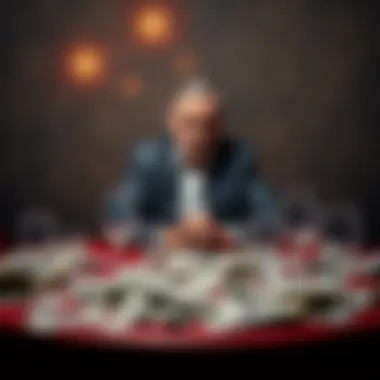 Person sitting alone at a table with bills and empty glasses A middle-aged person looks distressed at a cluttered table filled with bills and empty glasses, symbolizing financial struggle after gambling losses.