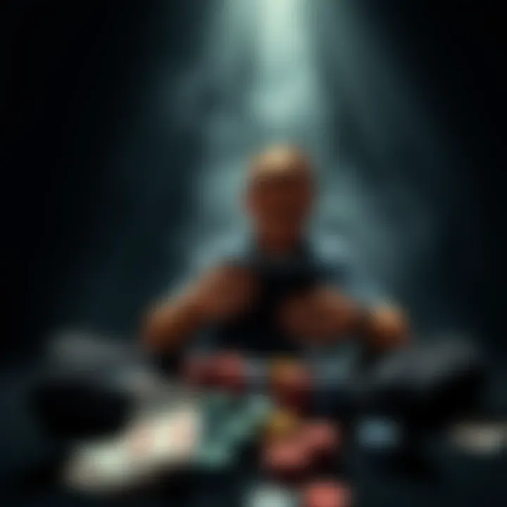 Person sitting alone with empty wallet Individual looking distressed while holding an empty wallet, surrounded by gambling chips and cards